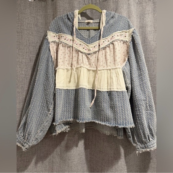 POL Jackets & Blazers - POL Eyelet Knit Top in Light Blue Jean and Cream